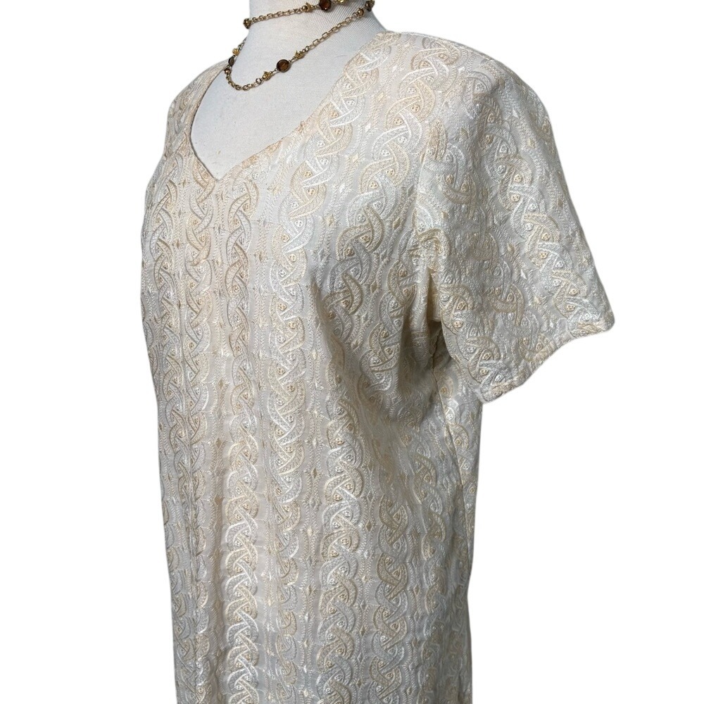Vintage‎ Cream Embroidered Short Sleeve Midi Shift Kaftan Dress Side Slit Boho L